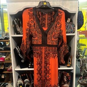 Elegant Orange and Black Embroidered Dress